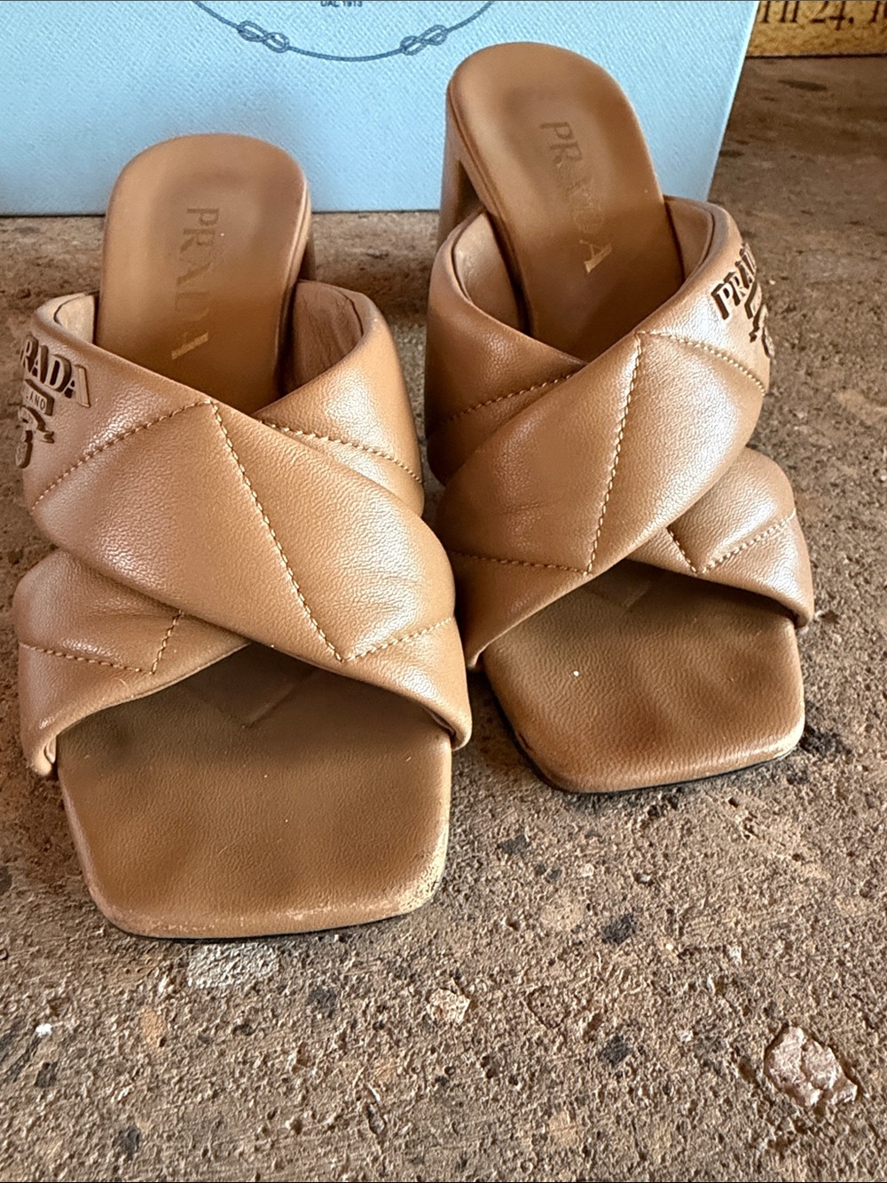 Auth. Prada Quilted Leather Crisscross Block Heel Mules - Picture 2 of 12
